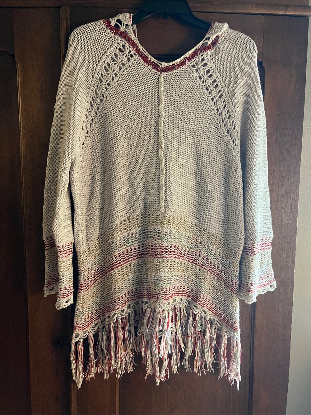 Love Stitch Cream Knit Fringe Poncho with Red Stripe Accents